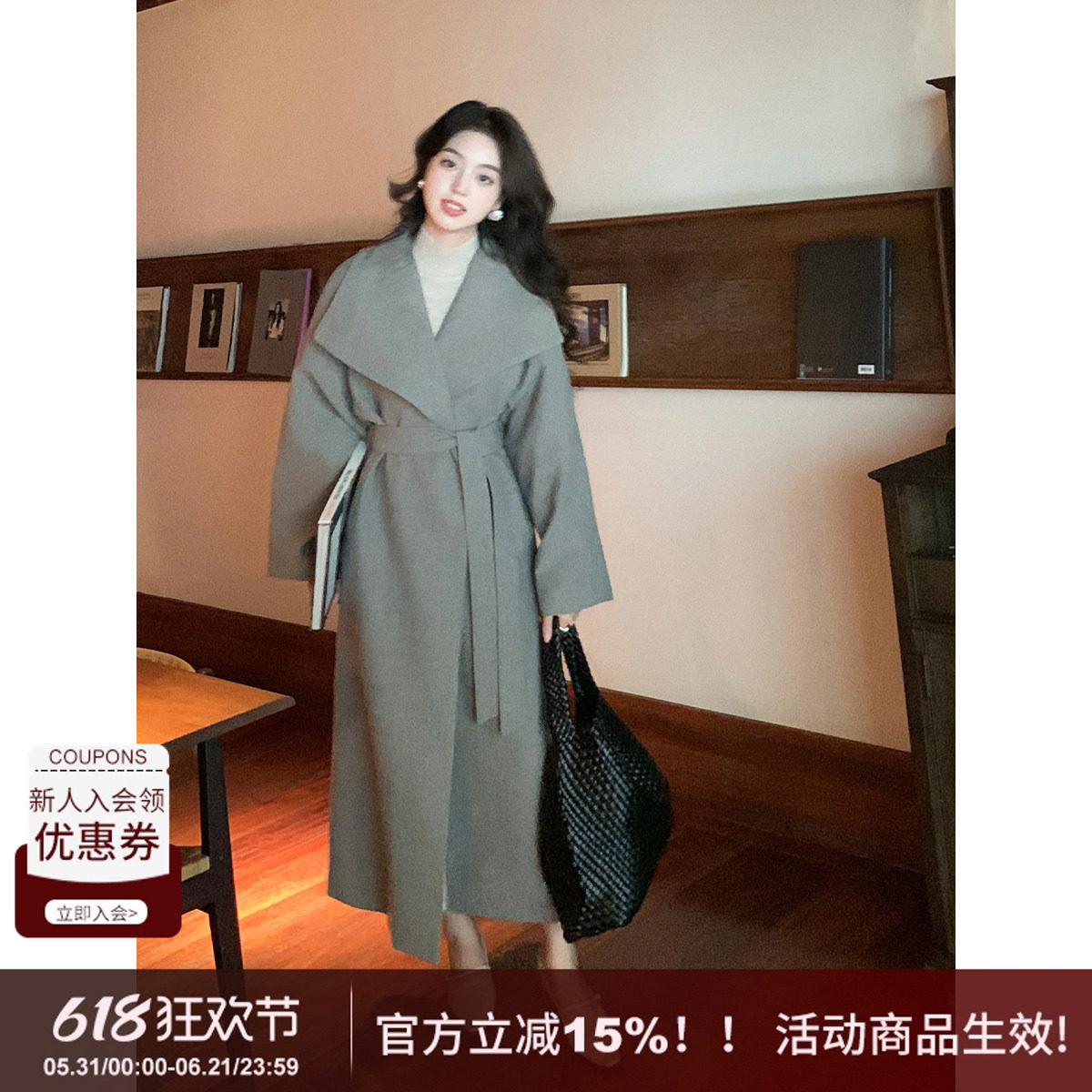 SYT灵魂战袍 大翻领含羊毛绑带收腰慵懒呢子宽松显瘦高级感大衣