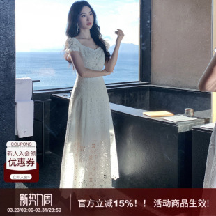 收腰显瘦A字长裙子 泡泡袖 SYT原创 刺绣镂空重工连衣裙女2026新款