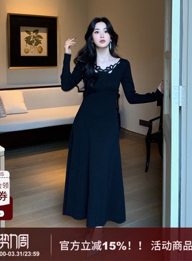 【墨染方华】SYT自制 法式黑色花朵镂空针织连衣裙修身显瘦打底裙