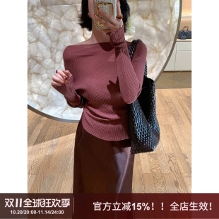新款 女2025秋季 气质高级感上衣 坑条收腰显瘦斜肩针织衫 SYT自制