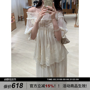 【若水】SYT自制 法式高质感刺绣蕾丝重工花朵露肩时尚套装连衣裙