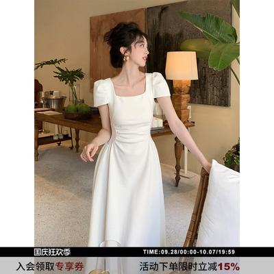 SYT法式方领褶皱收腰短袖连衣裙女夏季高品质垂感气质大摆裙