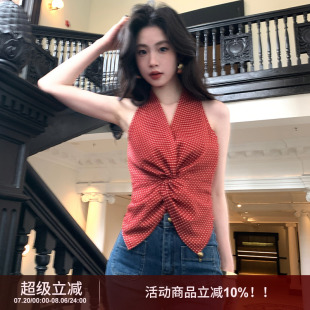 新款 SYT自制 港風(fēng)復(fù)古格子無(wú)袖 上衣女2025年夏季 褶皺扭結(jié)掛脖馬甲
