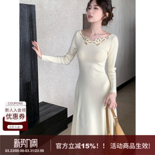 显瘦大摆裙 名媛风花朵镂空A字百搭针织连衣裙修身 SYT自制 法式