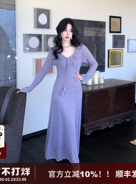 【檀烟】SYT自制 V领立体花朵针织长袖修身显瘦连衣裙两件套装裙