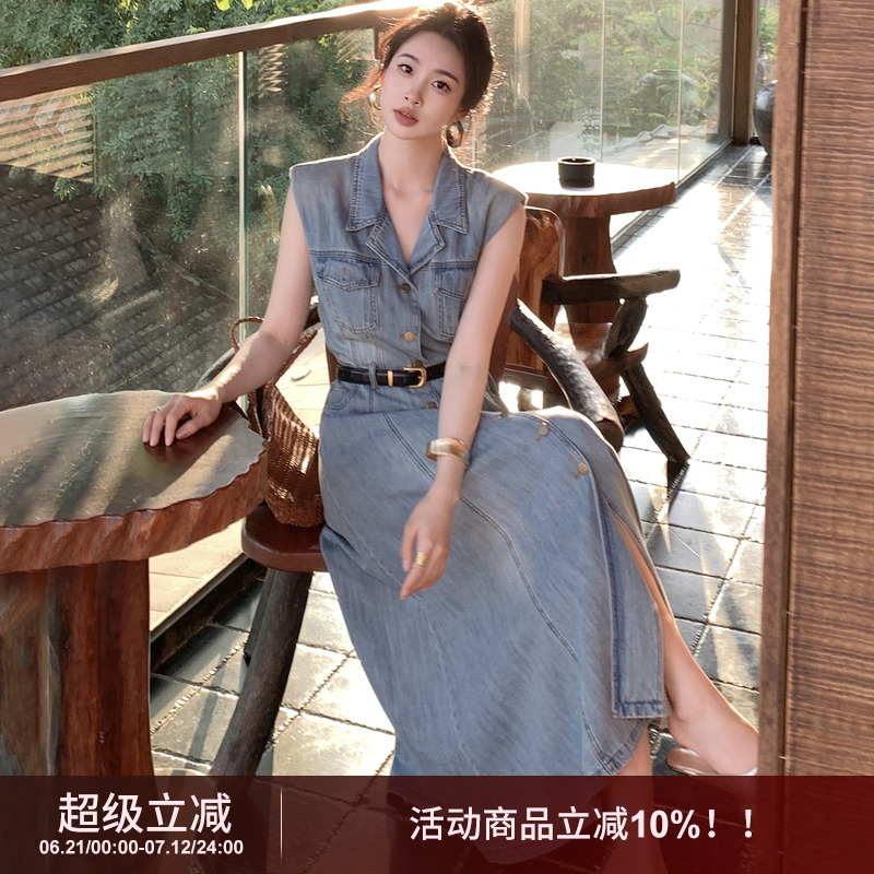SYT年代感港风牛仔连衣裙配腰带