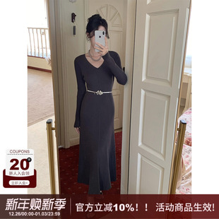 套头A字打底裙 高腰长袖 SYT温婉柔美 v领显瘦收腰针织连衣裙女冬季