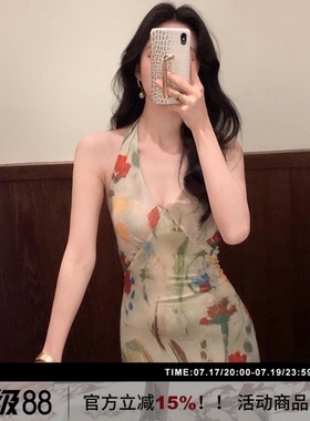 SYT自制 复古网纱印花挂脖鱼尾连衣裙度假战裙女夏季新款气质长裙