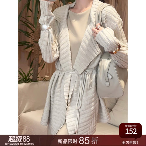 SYT自制大翻领绑带针织外套