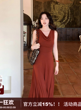 SYT自制 莫代尔荡领平领设计约会优雅修身型两穿A字套头连衣裙女