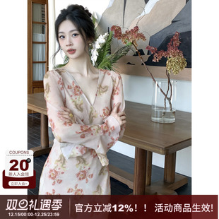 花朵连衣裙女秋新款 温柔仙美v领喇叭袖 SYT自制 印花长裙 弥纱