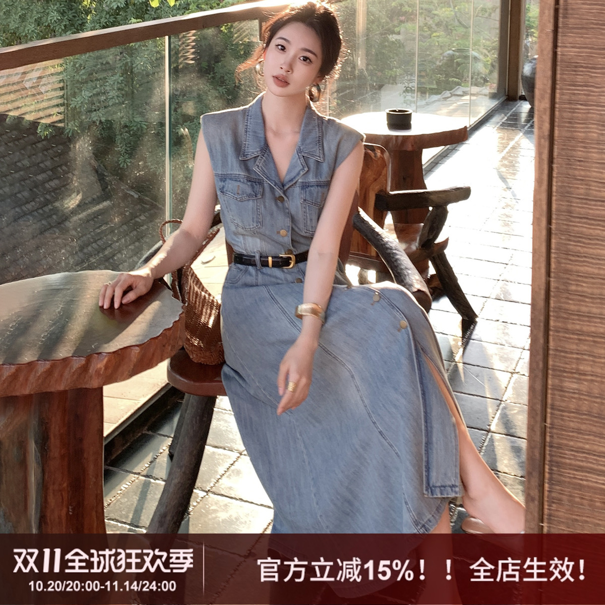 SYT年代感港风牛仔连衣裙配腰带