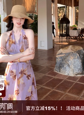 【花间醉】SYT自制 度假风挂脖收腰大摆雪纺印花套头A字连衣裙女