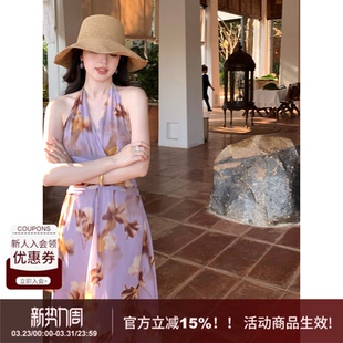 度假风挂脖收腰大摆雪纺印花套头A字连衣裙女 SYT自制 花间醉