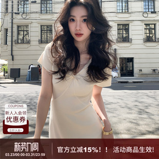 新款 针织连衣裙女夏季 简约高级感长裙 褶手臂扭结v领短袖 SYT自制