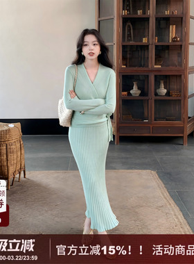 【初代】SYT自制 纯色温柔风绑带上衣针织套装V领修身型连衣裙女