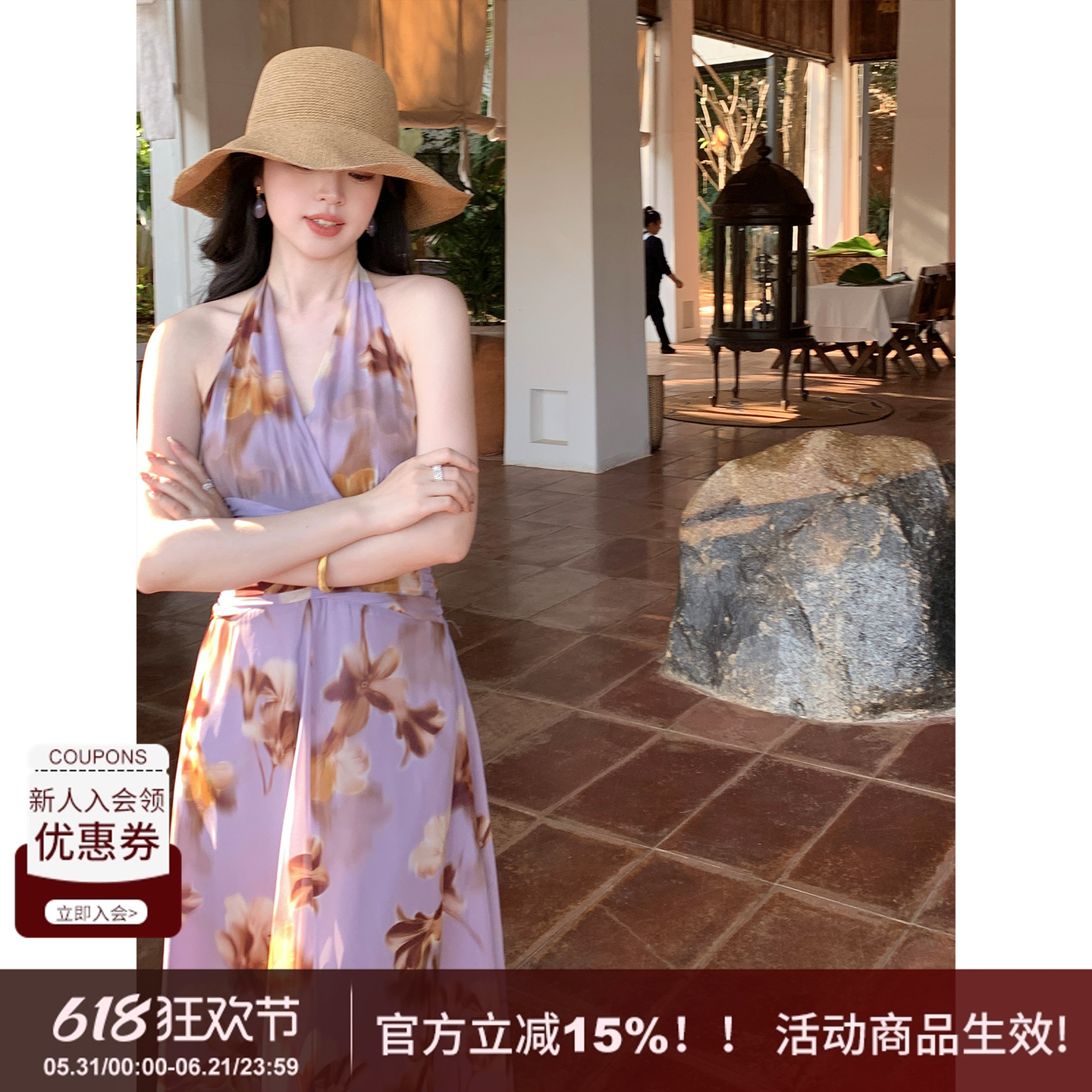 【花间醉】SYT自制 度假风挂脖收腰大摆雪纺印花套头A字连衣裙女