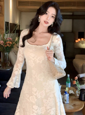 SYT自制 方领法式优雅气质感蕾丝花朵修身显瘦百搭A字长款连衣裙