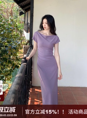 SYT自制 挡手臂露肩收腰显瘦短袖连衣裙女2026春季一字领包臀长裙