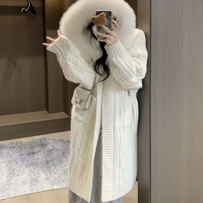 2024冬季麻花连帽慵懒风毛衣超重工超大毛领针织毛线长款厚外套女