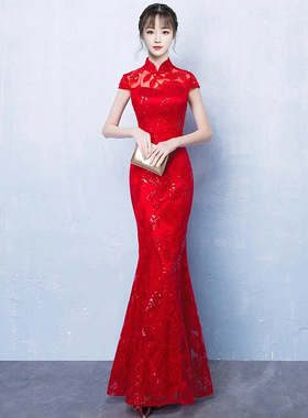 长款鱼尾蕾丝改良旗袍2023新款夏红色结婚敬酒服性感修身显瘦礼服