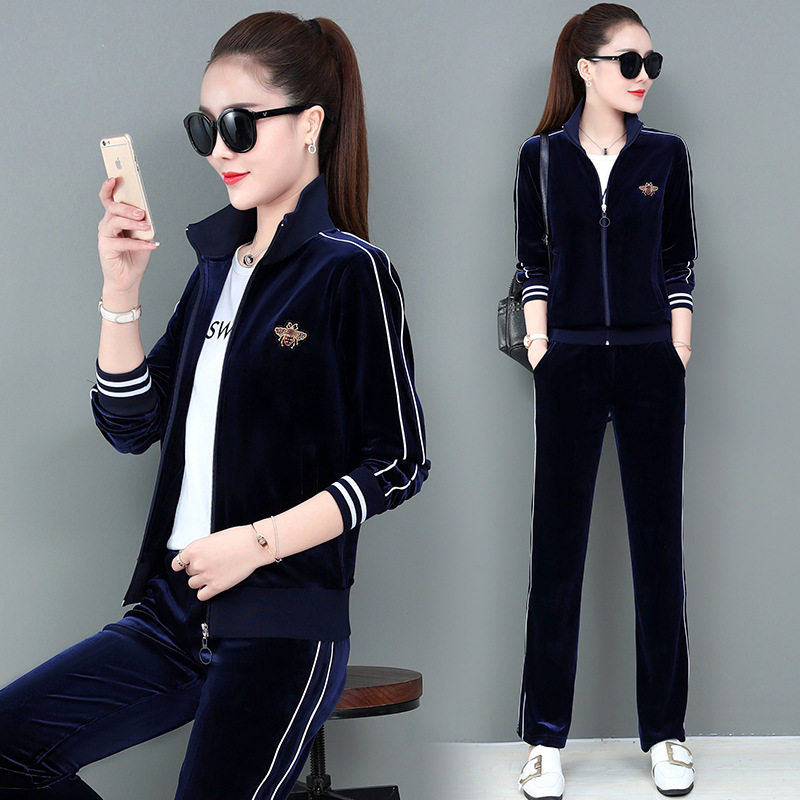 金丝绒套装女春秋2022新款时尚韩版大码立领开衫运动休闲三件套潮