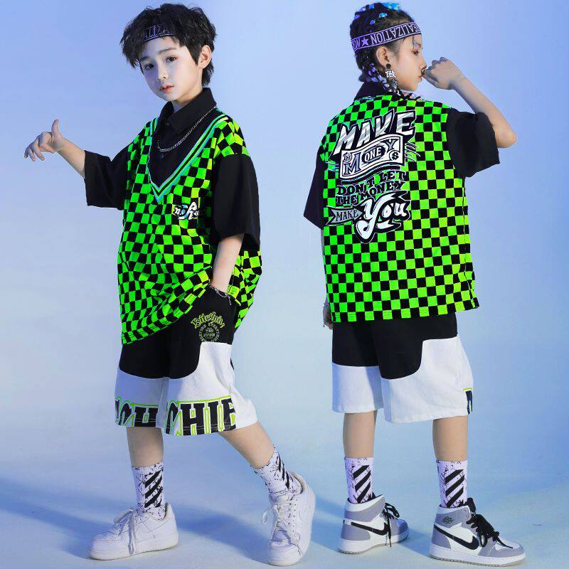 街舞服装儿童夏季套装嘻哈hiphop架子鼓走秀演出服男童酷帅潮服女
