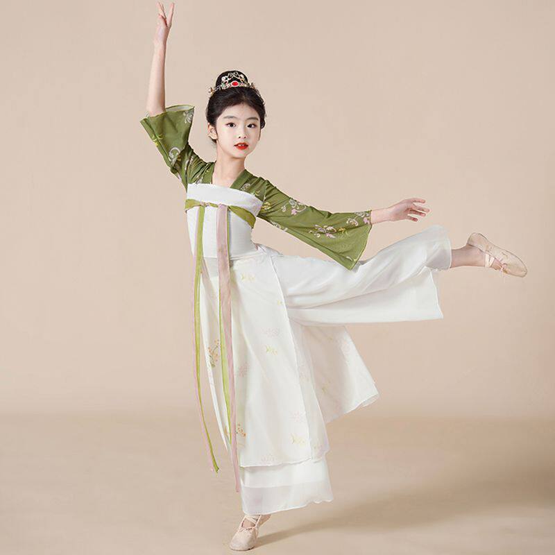 儿童古典舞蹈服飘逸练功服表演服女童身韵纱衣中国风扇子舞演出服