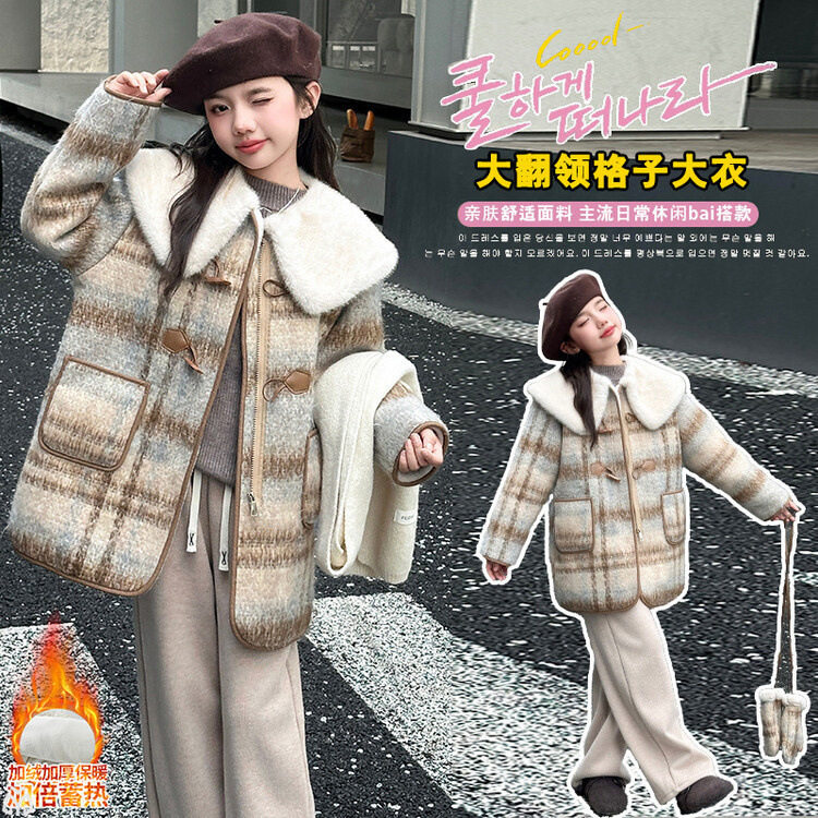 女童秋冬装加绒大翻领格子大衣2025新款洋气中大童韩系毛呢子外套