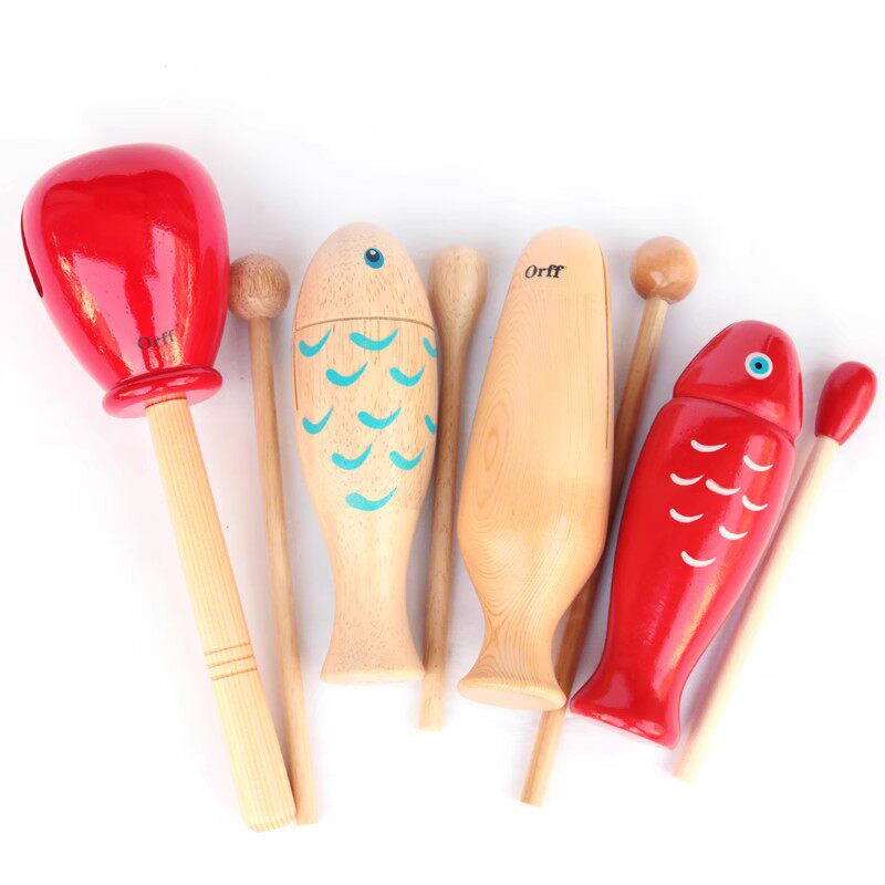 敲击木鱼小鱼龙口梆子龙头儿童奥尔夫打击乐器小棒锤红色响筒玩具