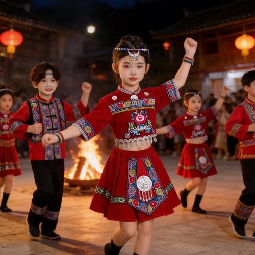 三月三演出服壮族服装儿童少数民族服饰女童哈尼族苗族新款表演服