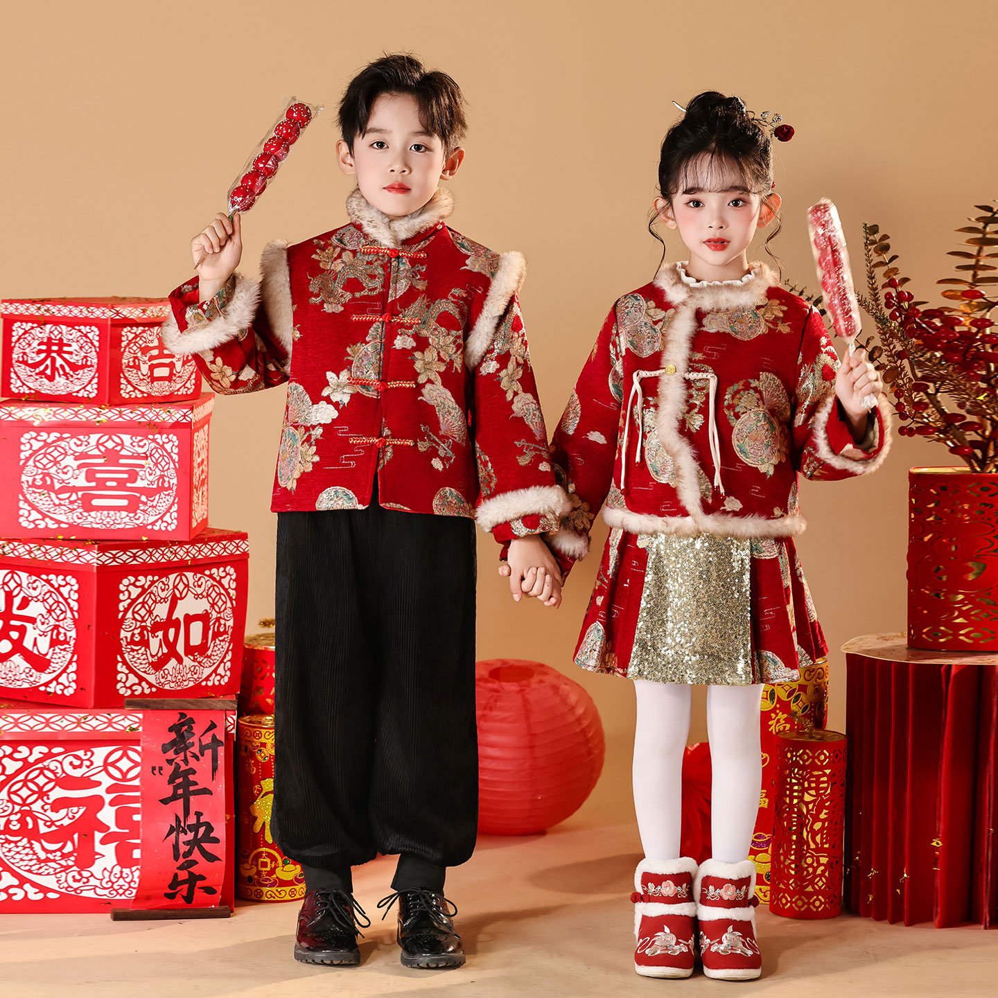 儿童合唱演出服红色加绒