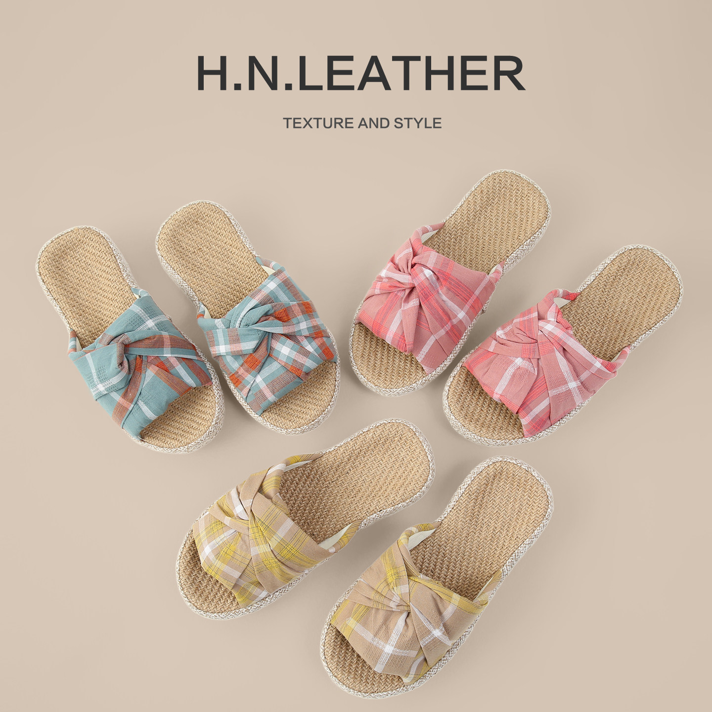 带足弓亚麻格子蝴蝶结拖鞋女士夏季居家防滑透气室内地板凉拖家用