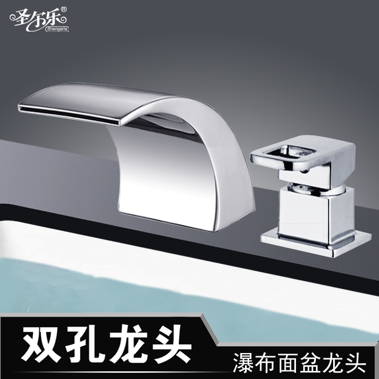 浴室双孔分体黄铜面盆龙头二孔单把洗脸盆冷热龙头浴缸瀑布水龙头