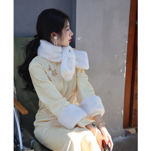加绒女 秋冬改良高级感绝美冬季 云苓奶黄色新中式 国风旗袍2025新款