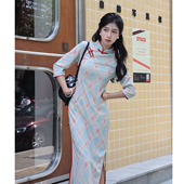 改良旗袍2025新款 少女修身 秋季 年轻款 日常文艺 格子长袖 夕颜新中式