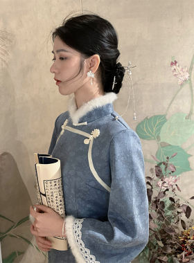 婉晴倒大袖冬季旗袍加厚长袖改良新中式秋冬2025新款复古国风蓝色