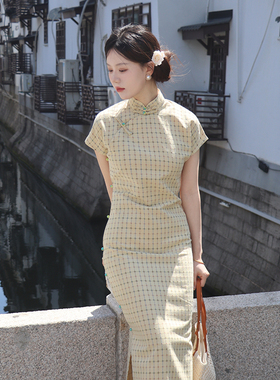 微格新中式古法旗袍2025新款黄色格子全开襟日常文艺国风少女夏季