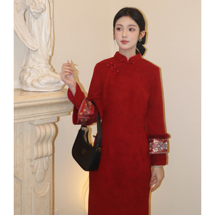 女 加绒加厚酒红色拜年服敬酒服新娘订婚冬季 昭愿图新中式 旗袍冬装