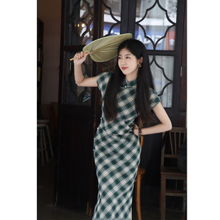 绿野古法旗袍2025新款 少女民国风绿色文艺 格子日常春夏年轻新中式