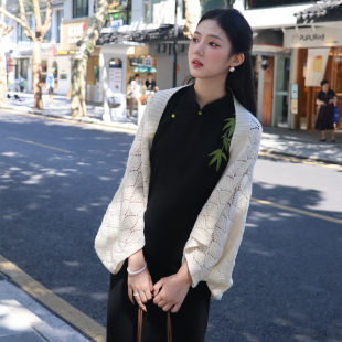 气质优雅秋季 无袖 披肩女 黑色绝美旗袍改良国风2025新款 竹町新中式