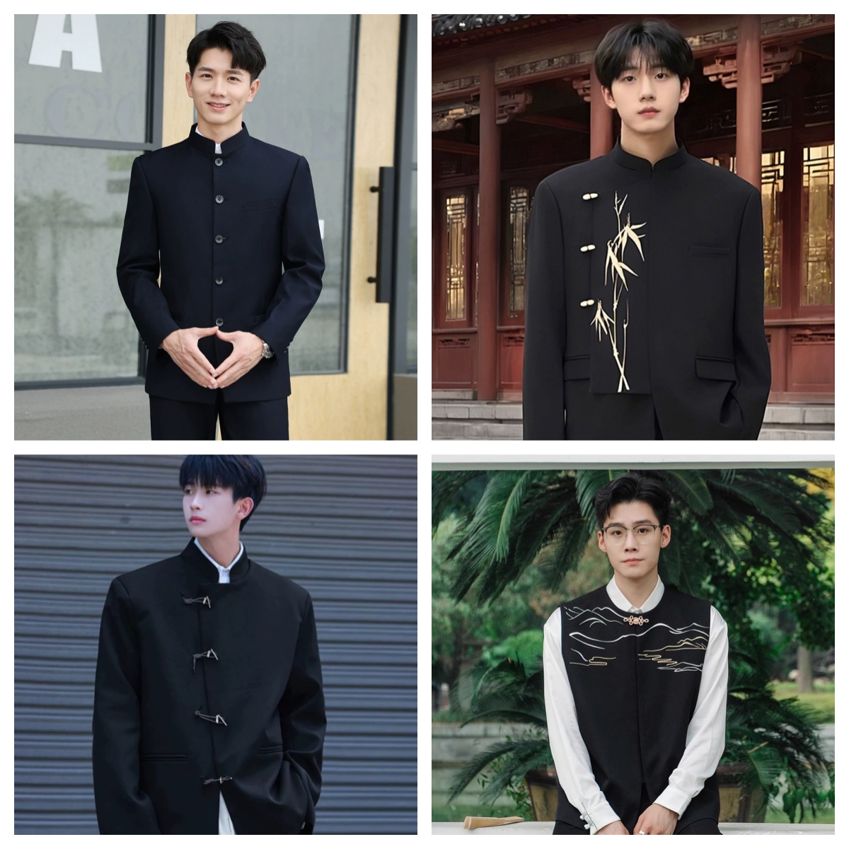 男生黑色中山装西服套装出租学生演出服诗歌朗诵大合唱年会主持人