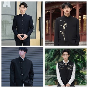 男生黑色中山装西服套装出租学生演出服诗歌朗诵大合唱年会主持人