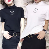 欧洲站2025春夏新款 t恤女欧货潮 洋气白色短袖 立领修身 欧美棉时尚