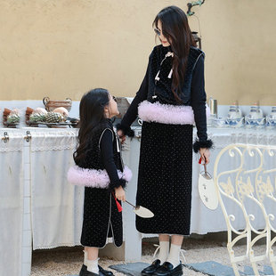 新中式母女亲子装中国风黑色丝绒马甲半身裙套装加绒新年拜年服装