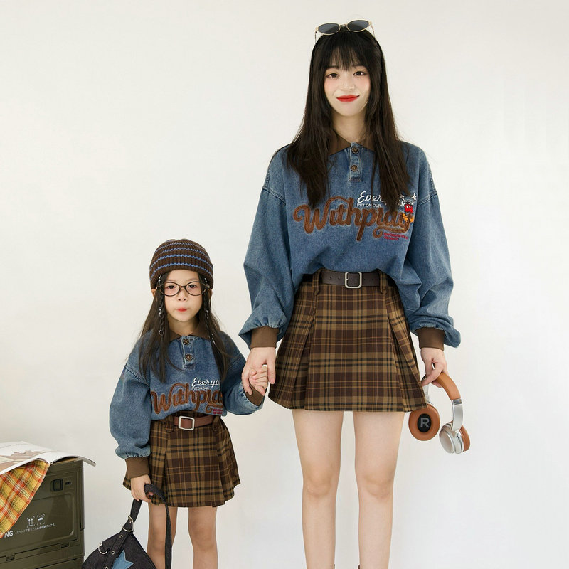 春秋母女美式复古牛仔衬衫裙套装