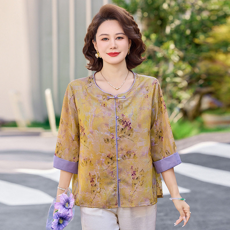 中年妈妈装夏季七分袖衬衫端庄大气中老年女装新中式国风上衣开衫
