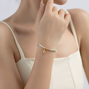 新款 Lucky 秋季 绿翡翠六芒星设计手链纯银镀18K金百搭款