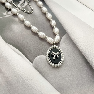 简约法式 暗黑系列 复古双链黑金蝴蝶仿珍珠设计项链 Ｋ Lucky