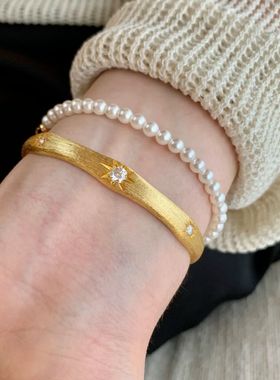 Lucky K S925纯银拉丝八芒星手镯手环太阳花锆石手镯法式轻奢复古